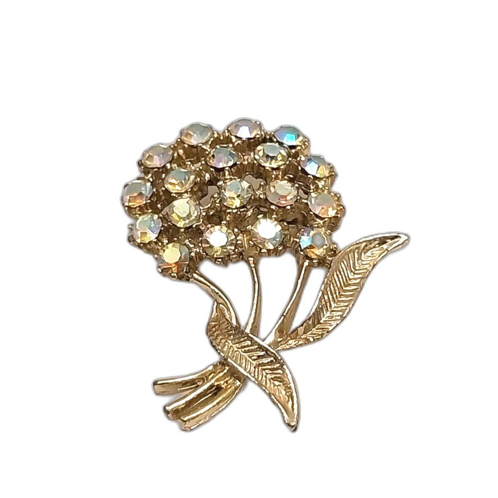 Vintage Borealis Rhinestone Goldtone Floral Brooch Pin #J048